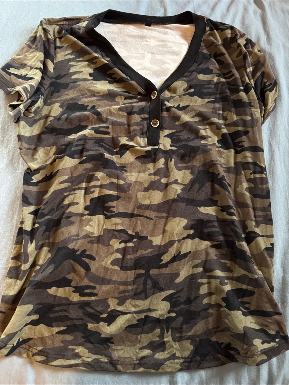 Camo Henley V-Neck Top in Olive and Black